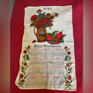 Vintage linen 1974 calendar tea towel Bless This house red jug pitcher